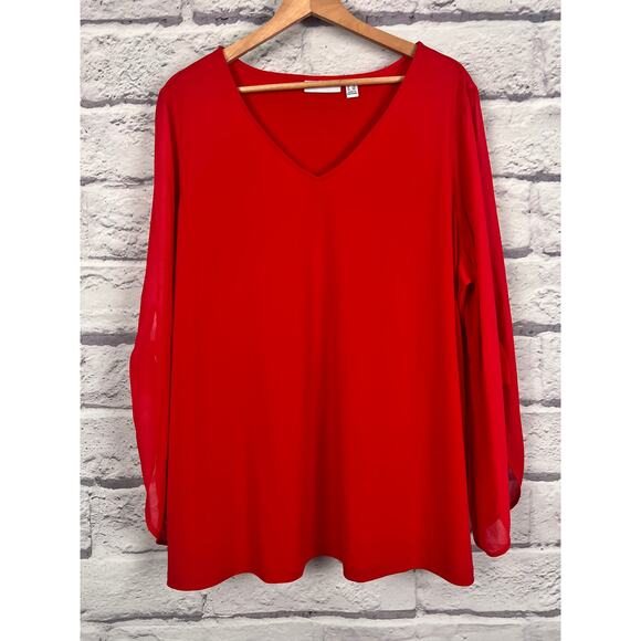 Susan Graver Women's 1X Red Sheer Sleeve Tie Detail V-Neck Tunic Elegant Blouse - Picture 2 of 13